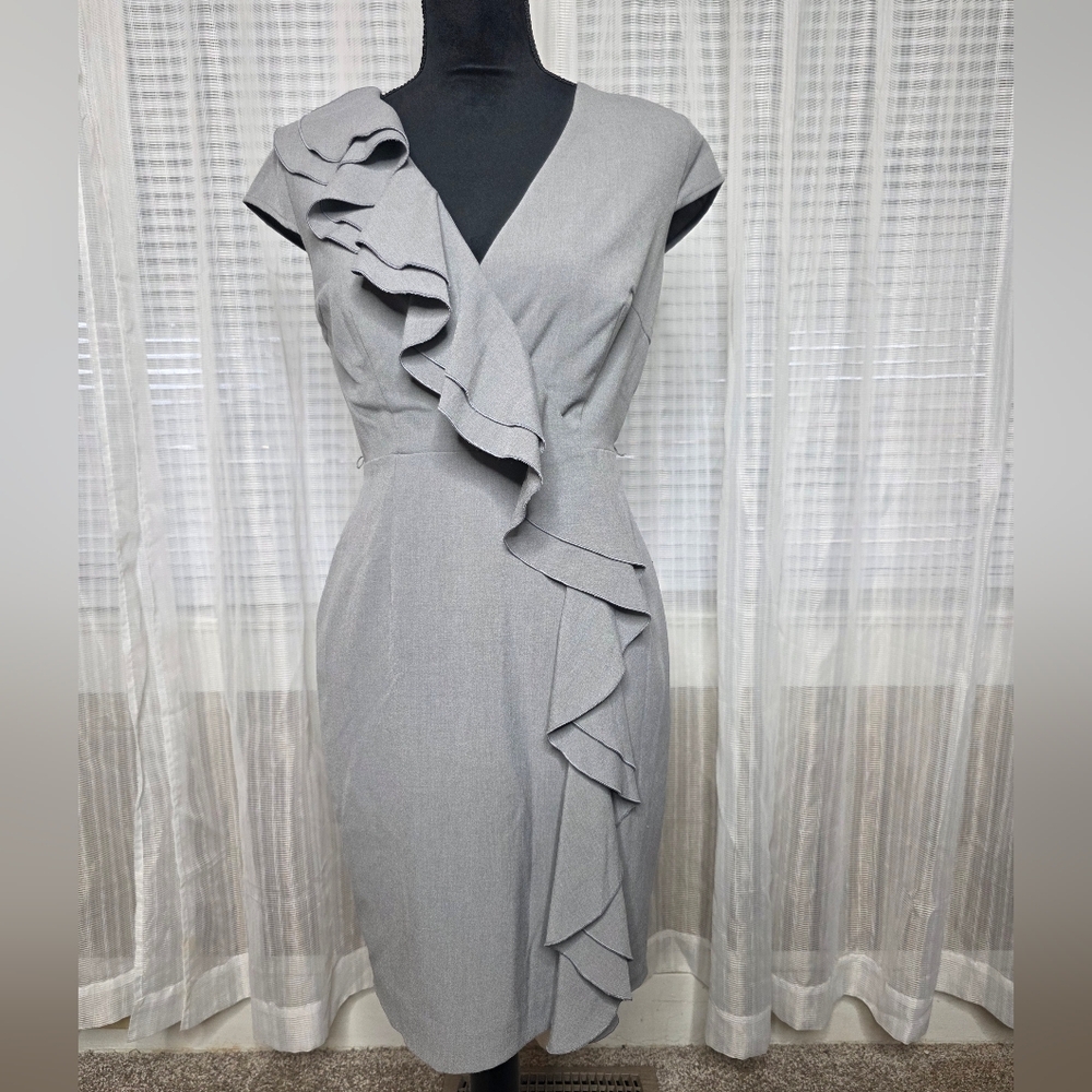 Calvin Klein Light Gray Ruffle-Accent Midi Dress